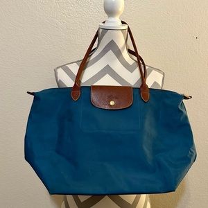 Longchamp Paris Le Pliage Peacock Blue Nylon Large Leather Trim Shopping Tote